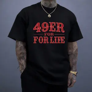 Men's Crew Neck Short Sleeve T-Shirt, Black Classic Fit, "49er For Life" Red San Francisco Sports Slogan Graphic Print, Football Fan Streetwear Tee for Game Day & Casual Wear