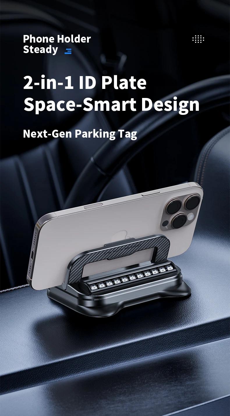 Car phone holder, portable mobile phone holder, stable and durable.In-built parking number plate function, quickly switch to a phone number plate.
