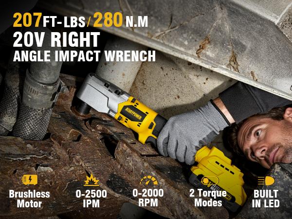 ALLOYPOWER 20V Brushless Right Angle Wrench, 207 Ft-lbs（280N.M） High Torque Cordless Power Tool with 2×2.0Ah Batteries, LED Light, 2-Speed Control, Compact 90° Design for Tight Spaces, yellow  brand inpact  wrench m12 fuel