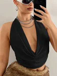 SHEIN ICON Neck-Tied Solid Backless Plunging Draped Neck Sleeveless Sexy Tank Top New Years Eve Going Out Tops Thanksgiving