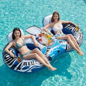 2 Person Inflatable River Tube Float with Cooler & Enhanced Backrest, Quick Inflate Pool Lake Raft Lounger
