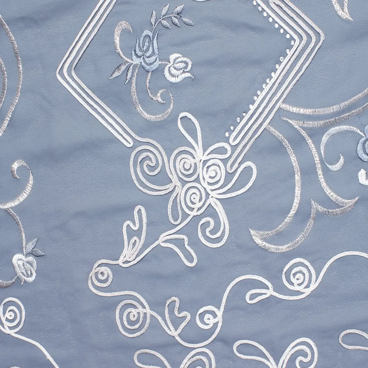 Floral Embroidered Georgette Fabric – Grey Polyester Blend, Sold by the Yard