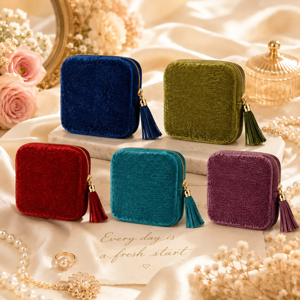 Portable Velvet Travel Jewelry Organizer Bag for Women, Compact Accordion Jewelry Pouch with 5 Compartments, Tassel Zipper Gift Case for Rings, Earrings, Necklaces and Bracelets, Tangle-Free Travel Organizer and Portable Makeup Pouch for Trips and Home