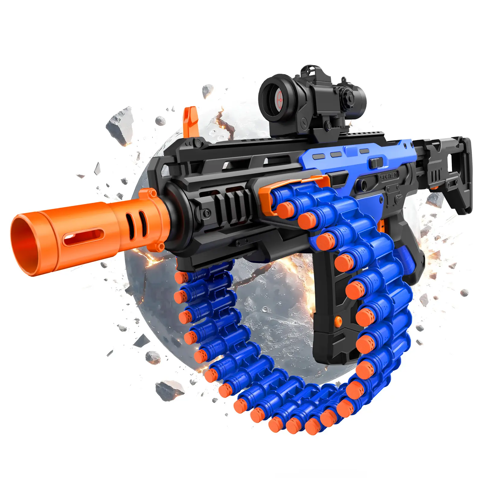 SOFITEN CLANK X - Electric Automatic Toy Gun with Scope Toy Blaster with 30-Dart Rotating Drum and 100 Foam Darts Outdoor Shooting Games Toys Gun Birthday for Teen Boys & Girls Adults