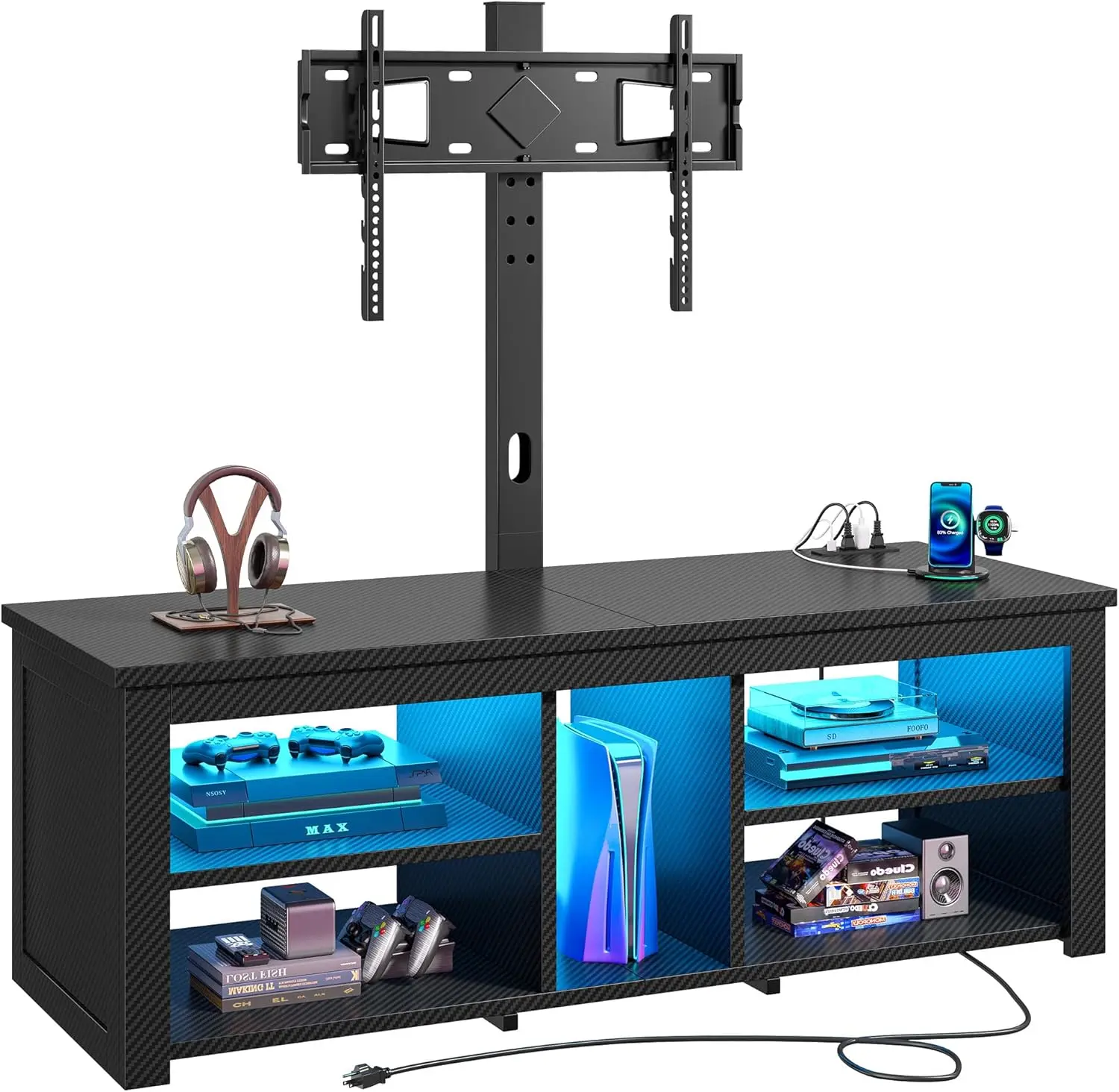 RaybeeFurniture 70 inch TV Stand with Mount & LED Lights, Swivel Modern Entertainment Center with Power Outlet, Wood Media Console for Living Room, Bedroom