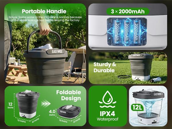 [Tiktok US Limited] EasyWox Portable Electric Pressure Washer with 3.2 Gal Tank, 4-in-1 Nozzle, Max 1200 PSI Foldable Cordless Power Washer, Type-C Charging, Portable Water Sprayer for Camping, Bike, Pet, Garden, Car Wash