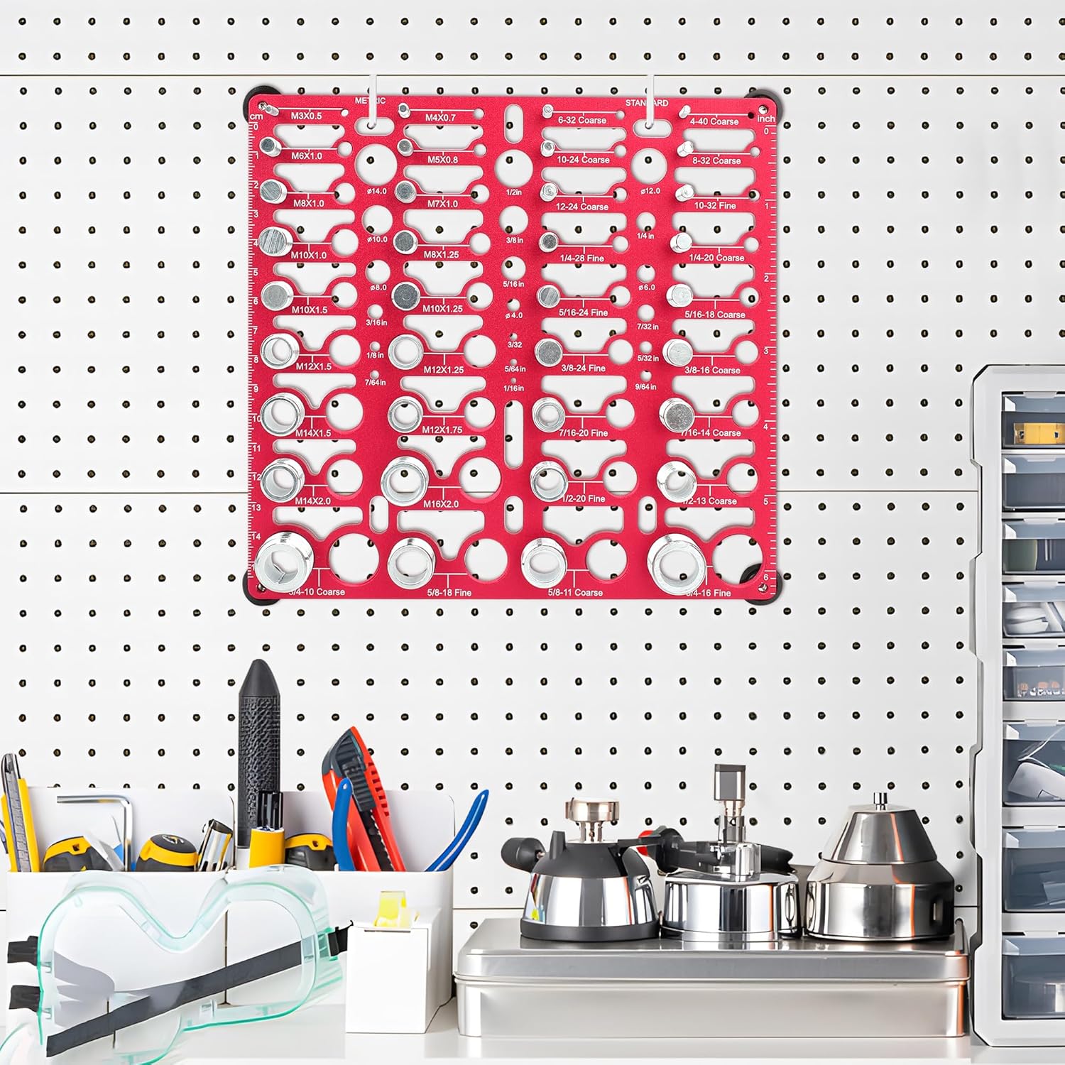 Thread Checker, 55 Bolt Size and Thread Gauge, Bolt Thread Identifier 20 Standard & 16 Metric, Bolt Identifier Board, Nut and Bolt Thread Checker Gauge Wall-Mountable with 19 Drill Bit Gauge