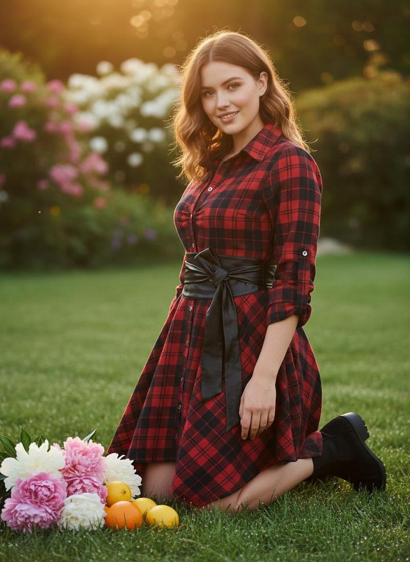 1950S 3/4 Sleeve Plaid Belt Dress Casual Outfits Women Collared Black Vintage Check Leather Womenswear