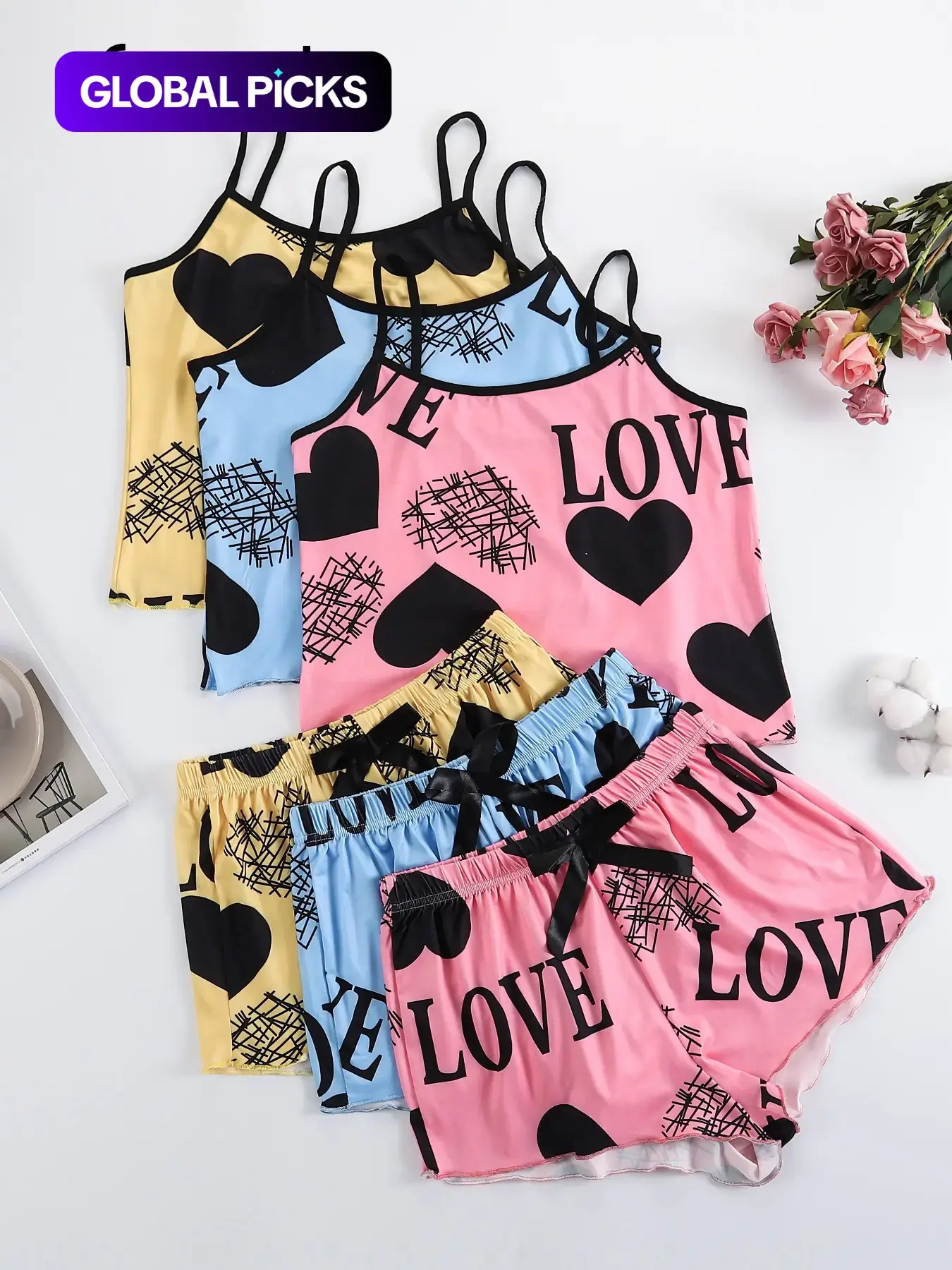2 Pieces/ 6 Pieces  Women's Heart & Letter Print Lettuce Trim Fitted Pyjama Set, Cute Casual Sleeveless Spaghetti Strap Cami Top & Bow Decor Shorts, Summer Sleepwear  Loungewear  Set for Women Camisole Sets
