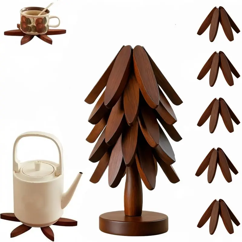 8-Piece Solid Wood French Country Tableware Set - 5 Tree-Shape Trivets, 1 Stand, 450°F Heat Guard Foldable Coasters, Durable Home Accessory, Household Items, Easter Gifts for Hot Dishes/Coffee, Kitchen Supplies