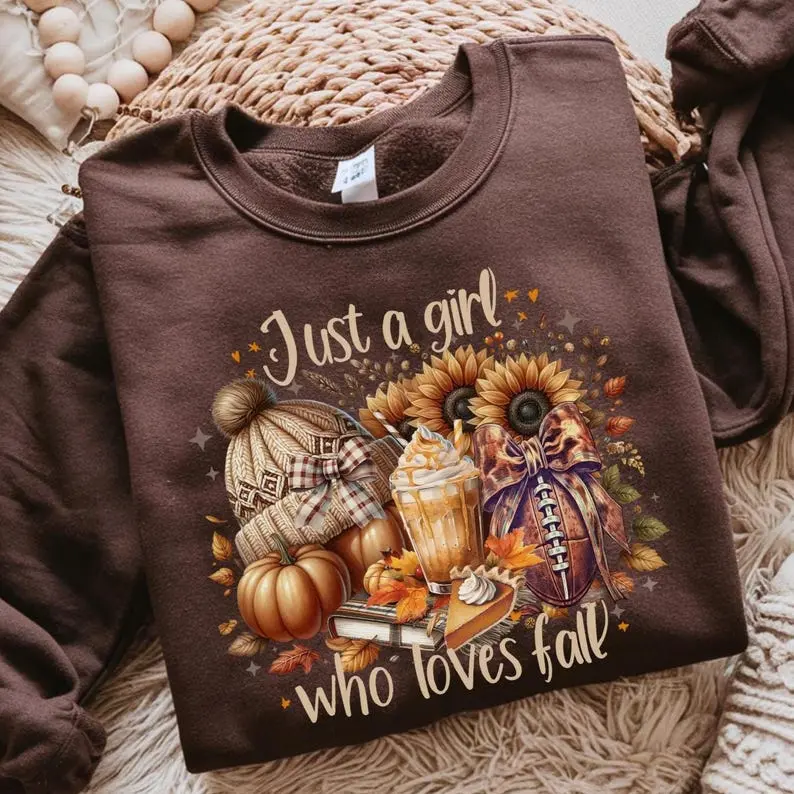 Just a Girl Who Loves Fall Sweatshirt, Cozy Pumpkin Season Crewneck, Retro Autumn Graphic Pullover, Cute Fall Girl Sweater, Thanksgiving Gift