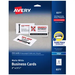 Avery Printable Business Cards with Sure Feed Technology, 2" x 3.5", White, 250 Blank Business Cards, Inkjet Printer Paper (08371)