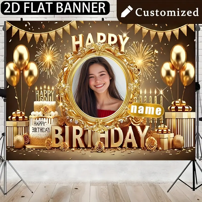 Happy Birthday Personalized Golden Themed Printed Poster - 1-Piece 2D Flat Vinyl Inkjet Banner, Customizable Names & Photos, Elegant Golden Balloons & Pyrotechnics Design, Multi-Size Polyester Backdrop, Party Decor for Birthday Girl Ceremony Home Supplies