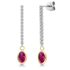 14K Two Tone Gold Red Created Ruby and Lab Grown Diamond Dangle Earrings for Women | 2.06 Cttw | Gemstone July Birthstone | Oval 7X5MM