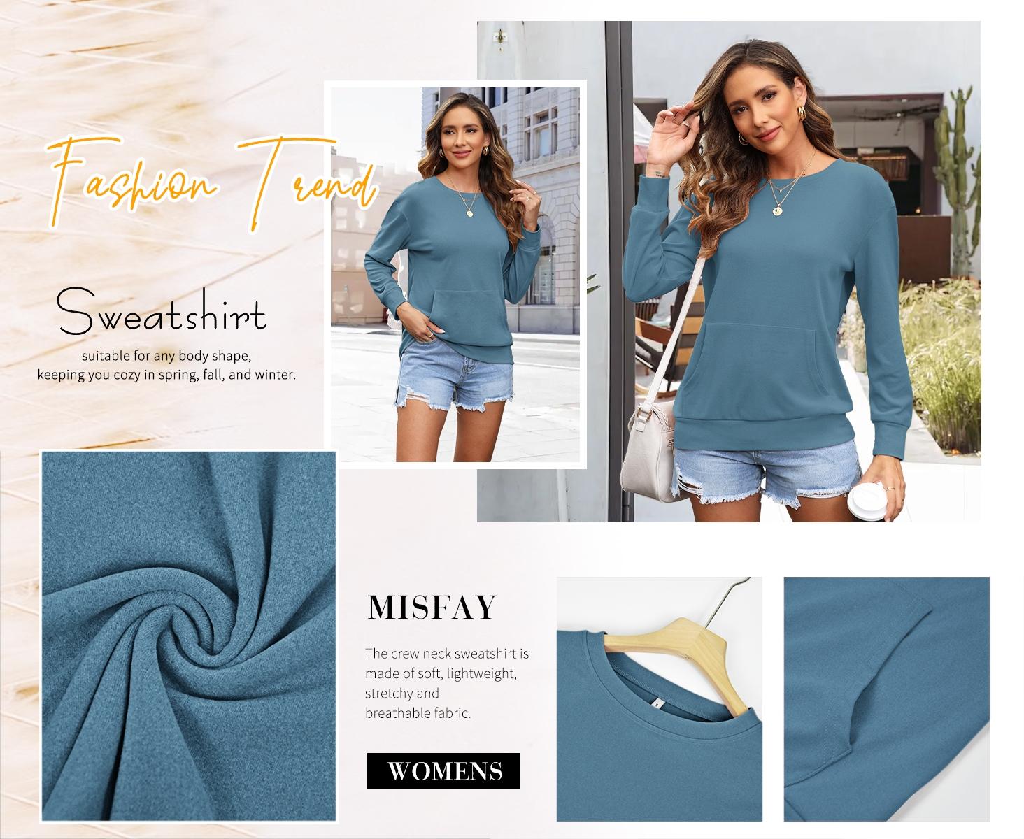 [Restocked] MISFAY & AUSELILY Women's Crewneck Hoodless Sweatshirt Hoodless Sweatshirt with Kangaroo Pocket Fleece Long Sleeve Oversized Casual Style Shirt Hoodie Solid Pullover Lightweight Loose Tops