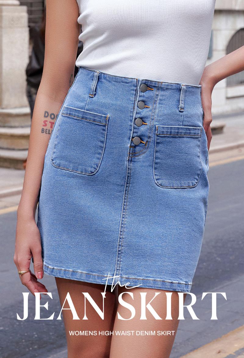 Sidefeel Women's Jean Skirt High Waist Summer Stretch Zimbaplatinum Denim Skirt Button Knee Length Skirt with Pockets