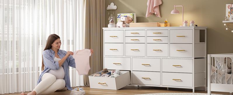 [24H-Support]Raybee TV Stand Dresser with 12/16 Drawers, Large Fabric Home Storage Organizer&Drawer Chest, Wide Entertainment Center with Charging Station & USB Ports for Living Room, Bedroom, Apartment; Modern Media Console Cabinet Tower for Home Décor