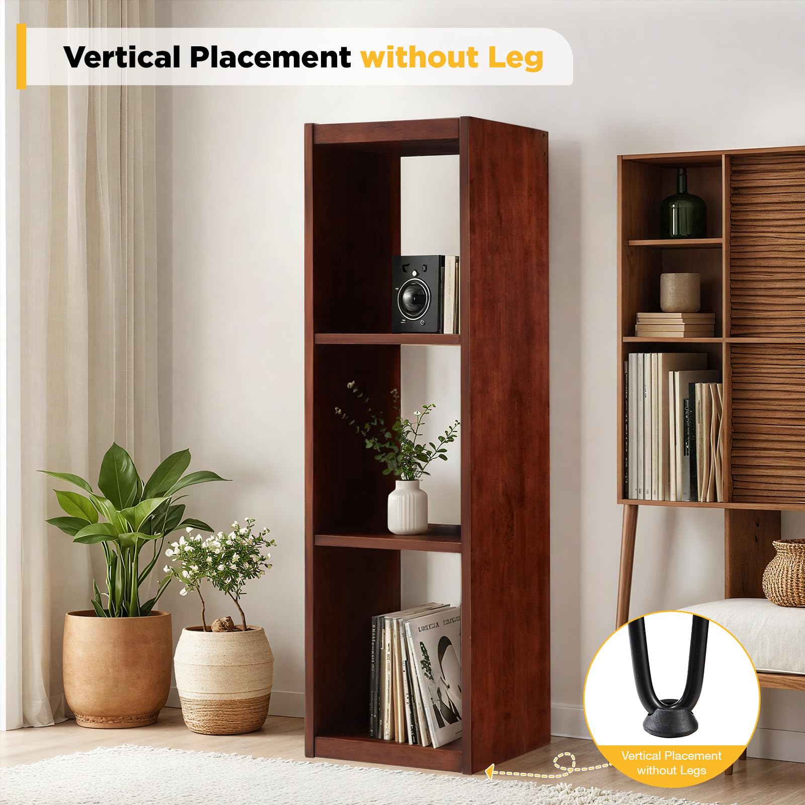 YODOLLA 50" Walnut Mid-Century Modern TV Stand, TV Up to 60 Inch, Detachable Legs, Vertical & Horizontal Storage, Record Holder Shelf for Living Room, Bedroom, Horizontal and Vertical