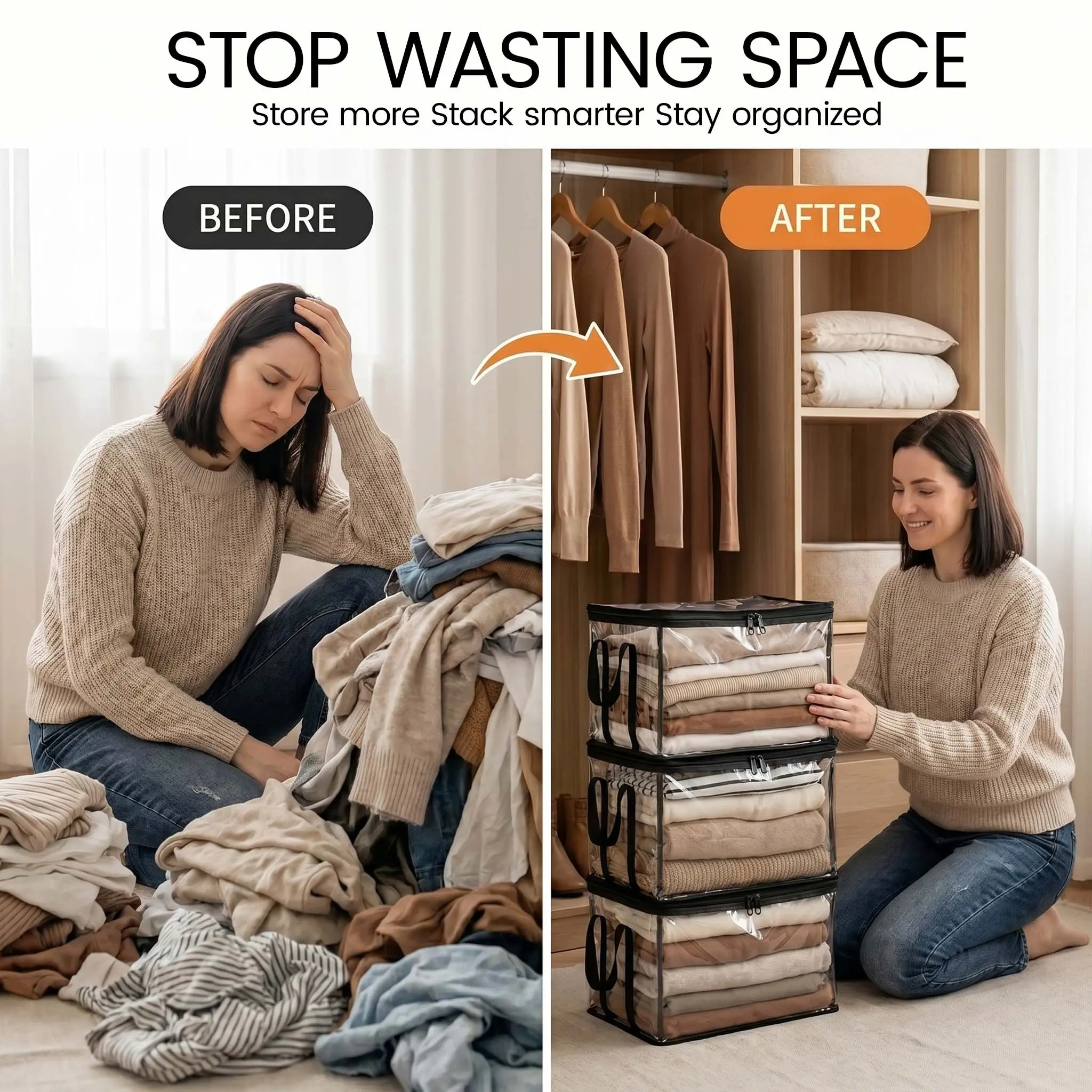 【weeklydeals】Clear Stackable Clothing Storage Bag with Reinforced Handles & Zipper, large, Stable Collapsible Visible Organizer Cube, Dustproof Moistureproof Storage Tote for Blankets Bedding Clothes Bedroom Dorm Space Saving