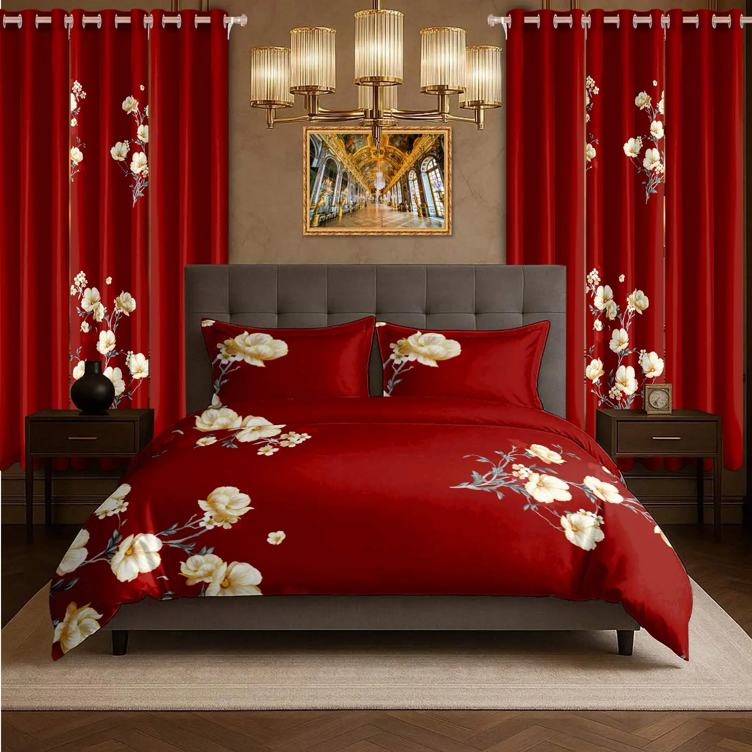 【Limited Time Deal】Classic Luxury Red Peony 9-Piece Bed Set, Home Bedroom Decor Ideas Room Decor Include 6 Curtains & 2-in-1 Lightweight Ultra-Soft Microfiber Quilt, Machine Washable, Queen/King/Cal King - Not Thick Comforter & Not Blackout Curtains, Mast