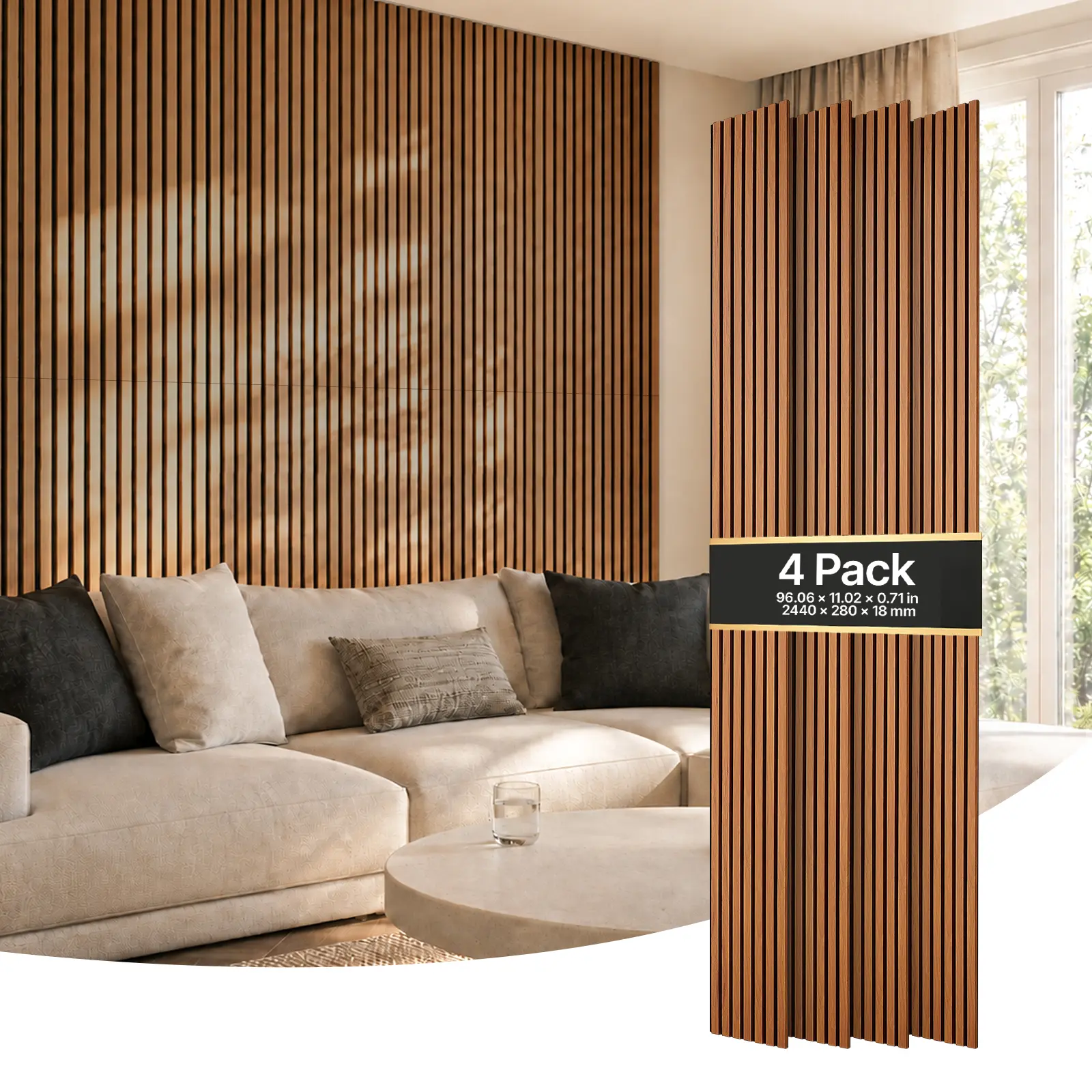VEVOR 4-Pack Rectangular Acoustic Wood Panel Walls, 96.1x11in MDF & PET Sound-Absorbing Slats, Dark Teak, Indoor Use for Living Rooms, Interior Decor with Screw Kit