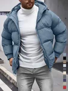 Men's Solid Color Pocket Zipper Thick Warm Hooded Down Jacket, Regular Fit Long Sleeve Thickened Winter Coat, Cold Weather Gear Casual Tops Dark Grey