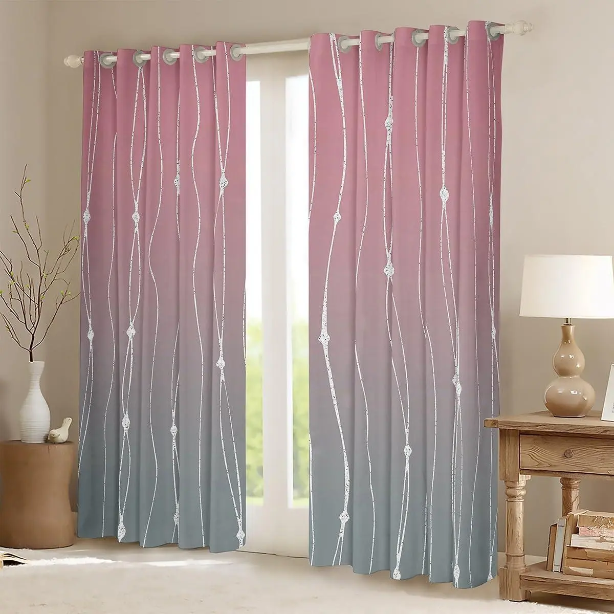 Pink Gradient Curtains & Drapes Grey Ombre Window Drapes,Rainbow Watercolor Blackout Curtains Geometric Wave Window Treatments