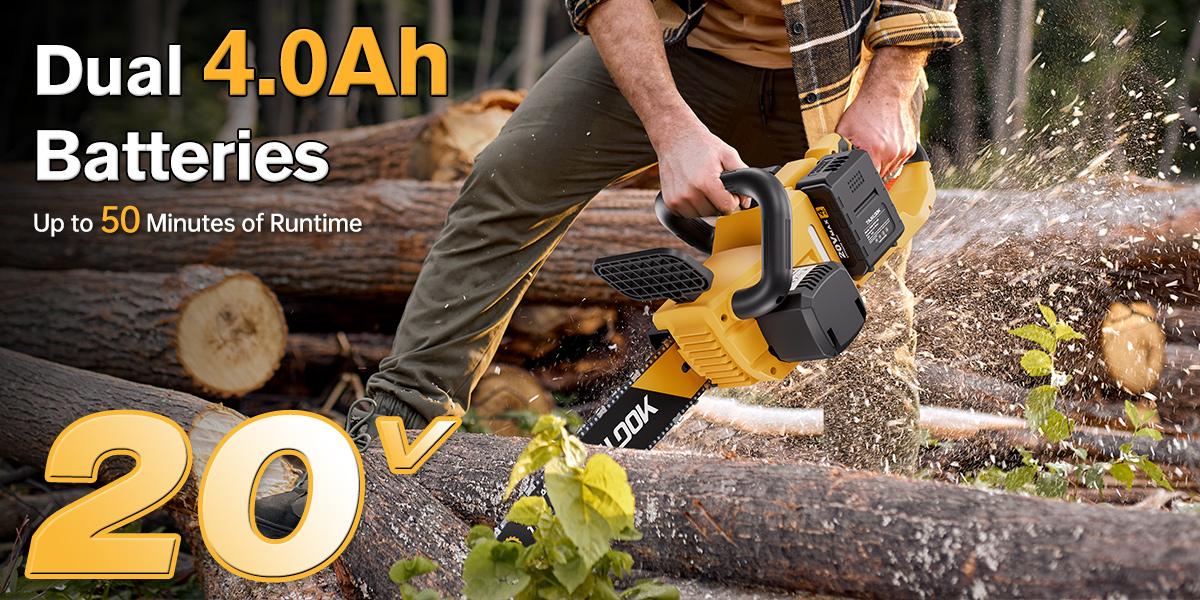 TANLOOK 16 Inch Cordless Chainsaw, 20V Brushless Electric Chainsaw with 2 Batteries, Safety Switch & Dust Baffle for Tree Felling, Wood Cutting, Pruning & Firewood TANLOOK 16 Inch Cordless Chainsaw, 20V Brushless Electric Chainsaw with 2 Batteries, Safety Switch & Dust Baffle for Tree Felling, Wood Cutting, Pruning & Firewood