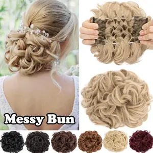 Large Comb Clip in Chignon Messy Bun Updo Clip in Hair Piece Extensions Natural Stretch Scrunchie Curly Synthetic Hair Bun Ponytail Hairpiece For Women