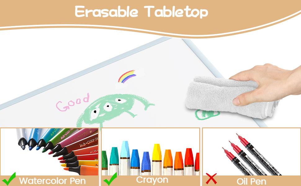 GARVEE Height Adjustable Toddler Table with Graffiti Desktop, Includes 2 Chairs and 12 Watercolor Pens, Ideal for Home Nursery Activities like Reading, Drawing, Playing, and Eating.