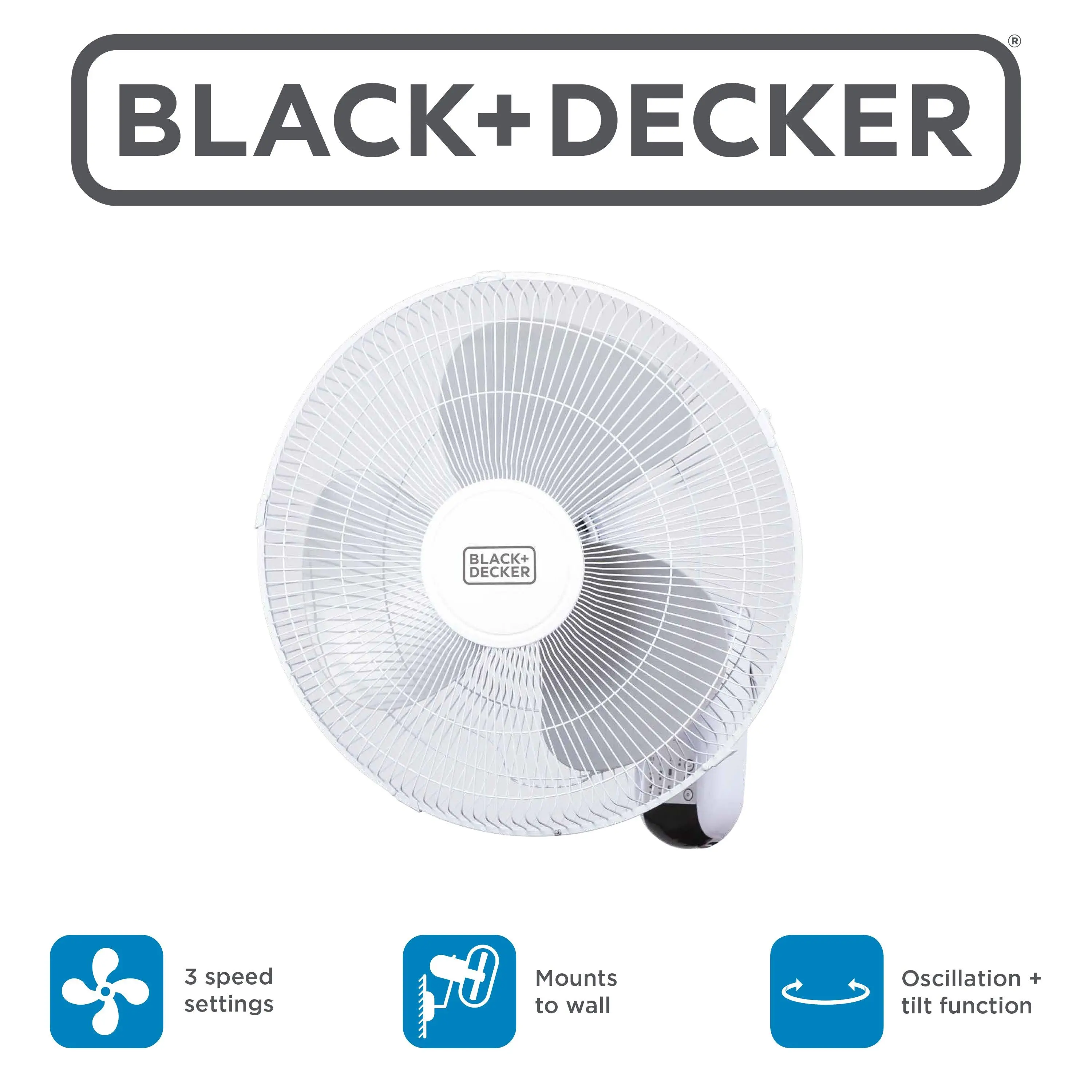 BLACK+DECKER 16" Adjustable Wall Fan with Remote Control, Oscillating Function, 3 Speed Settings, 7.5-Hour Shut Off Timer, 70" Power Cord & Adjustable Tilt Angle - Bedroom Fan for Home Use, Adjustable Fans, Fan For Bedroom