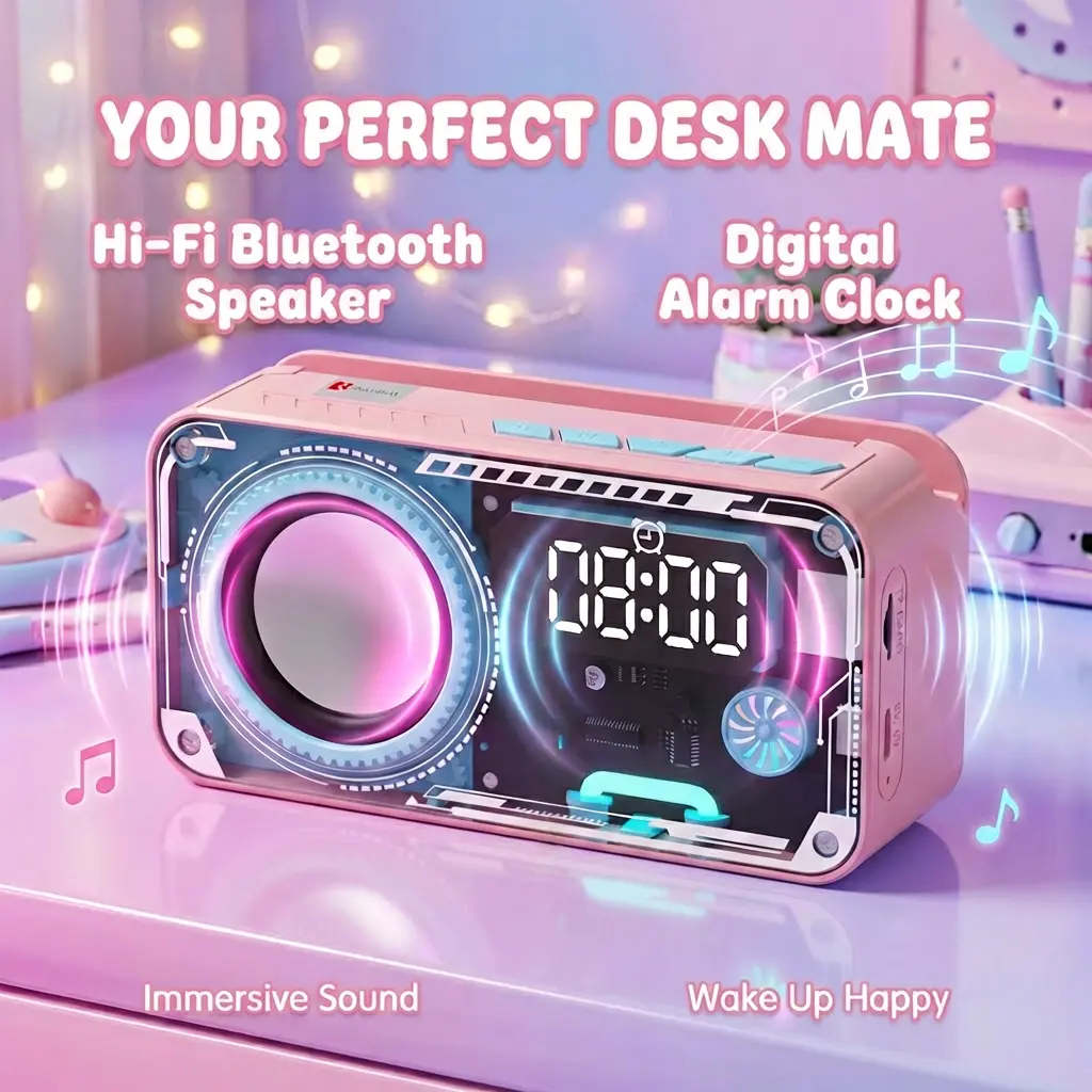 Cute Transparent Bluetooth Speaker with Alarm Clock - Y2K Aesthetic Room Decor - RGB Night Light & Unique Gift for Teen Girls LED Table Lamp with Speaker loudspeaker soundsystem waterproof Portable colorful party Gaming Long Wireless high desk altavoz