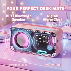 Cute Transparent Bluetooth Speaker with Alarm Clock - Y2K Aesthetic Room Decor - RGB Night Light & Unique Gift for Teen Girls LED Table Lamp with Speaker loudspeaker soundsystem waterproof Portable colorful party Gaming Long Wireless high desk altavoz