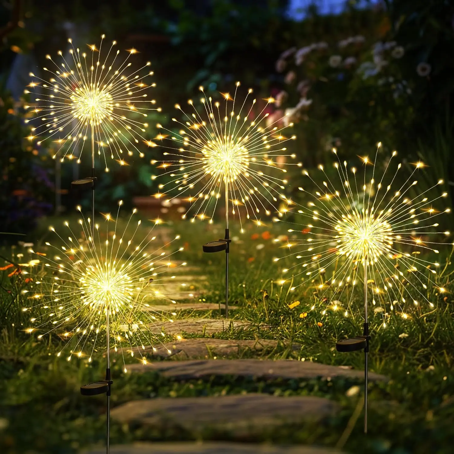 4-Pack Solar Resin Firework Fairy Garden Decor Outdoor Lights - 200LED Warm White with Switch, Patio Decor for Planters 4th of July, Solar-Powered Landscape Lighting for Balcony Flowerbed solar outdoor lights