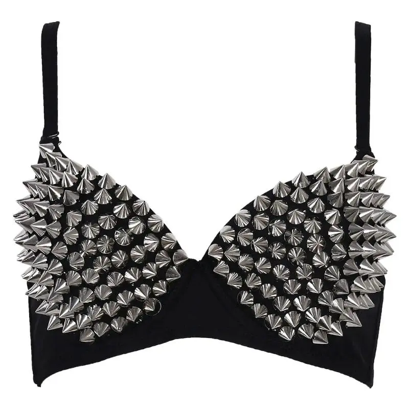 Women's Punk Gothic Rivet Bralette - Push-Up Lift, Brassiere Shape, Silver Rivets, Dark Gothic Rave Vibe Sexy Lingerie Top for Nightclub Party Wear