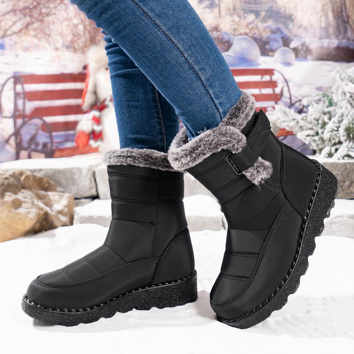 Winter Snow Boots for Women Fur Lined Warm Waterproof Slip On Booties with Breathable Fur Lining Slip Resistant Sole Black Oxford Cloth Upper Velcro Closure Outdoor Booties for Camping Walking SpringStatements