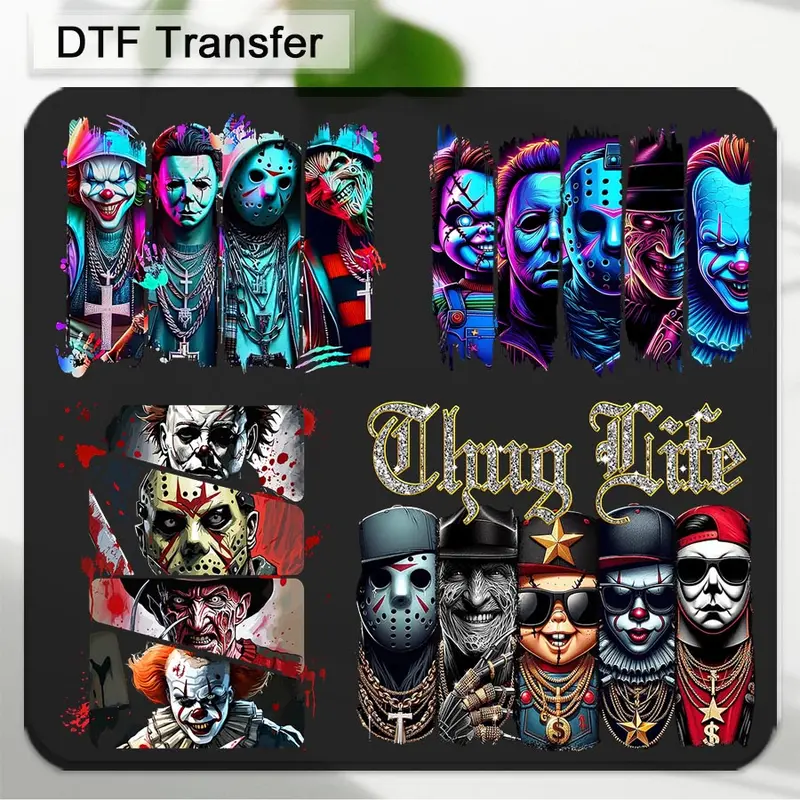 10-in Wide Neon Halloween Horror Character DTF Transfer Stickers - 4 Bold Sets, Iron-On DTF Film Decals, Fade-Proof, Wash-Resistant, Stretchable Sewing Accessories, Long-Lasting Adhesion for Custom Clothing, DIY Craft Supplies