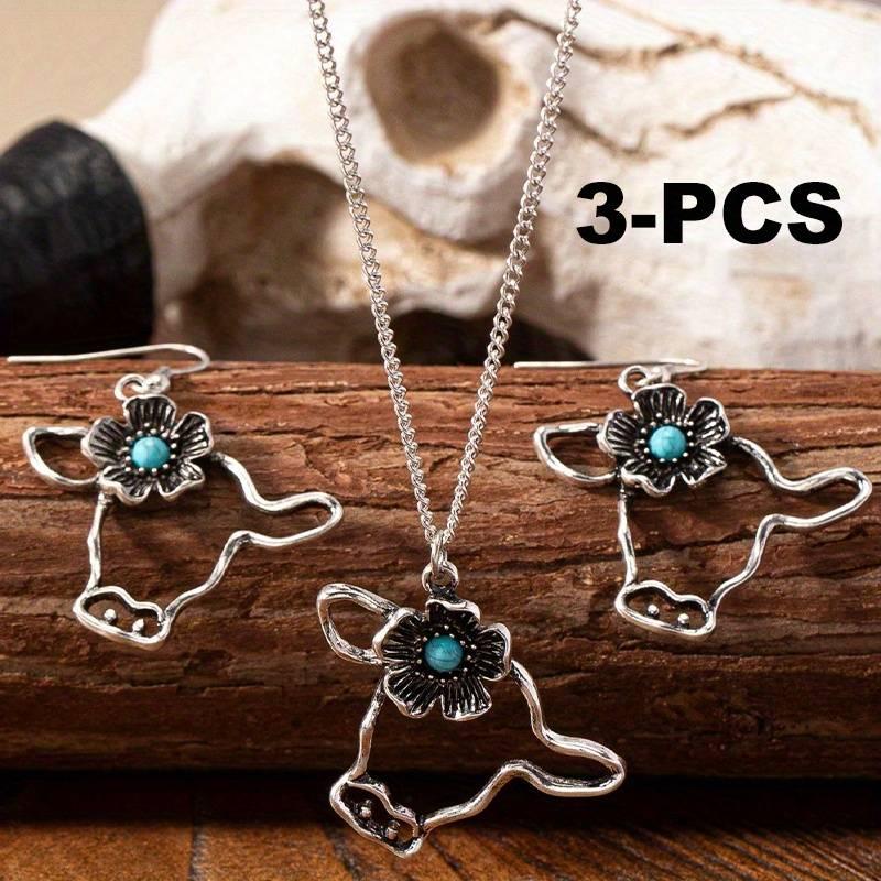 3pcs Scottish Highland Cow Jewelry Set for - Turquoise Stone Scottish Cow Pendant Necklace & Earrings, Hollow Cow Cattle Head Charms, Boho Western Accessories, Year-Round Scottish-Themed & Parties