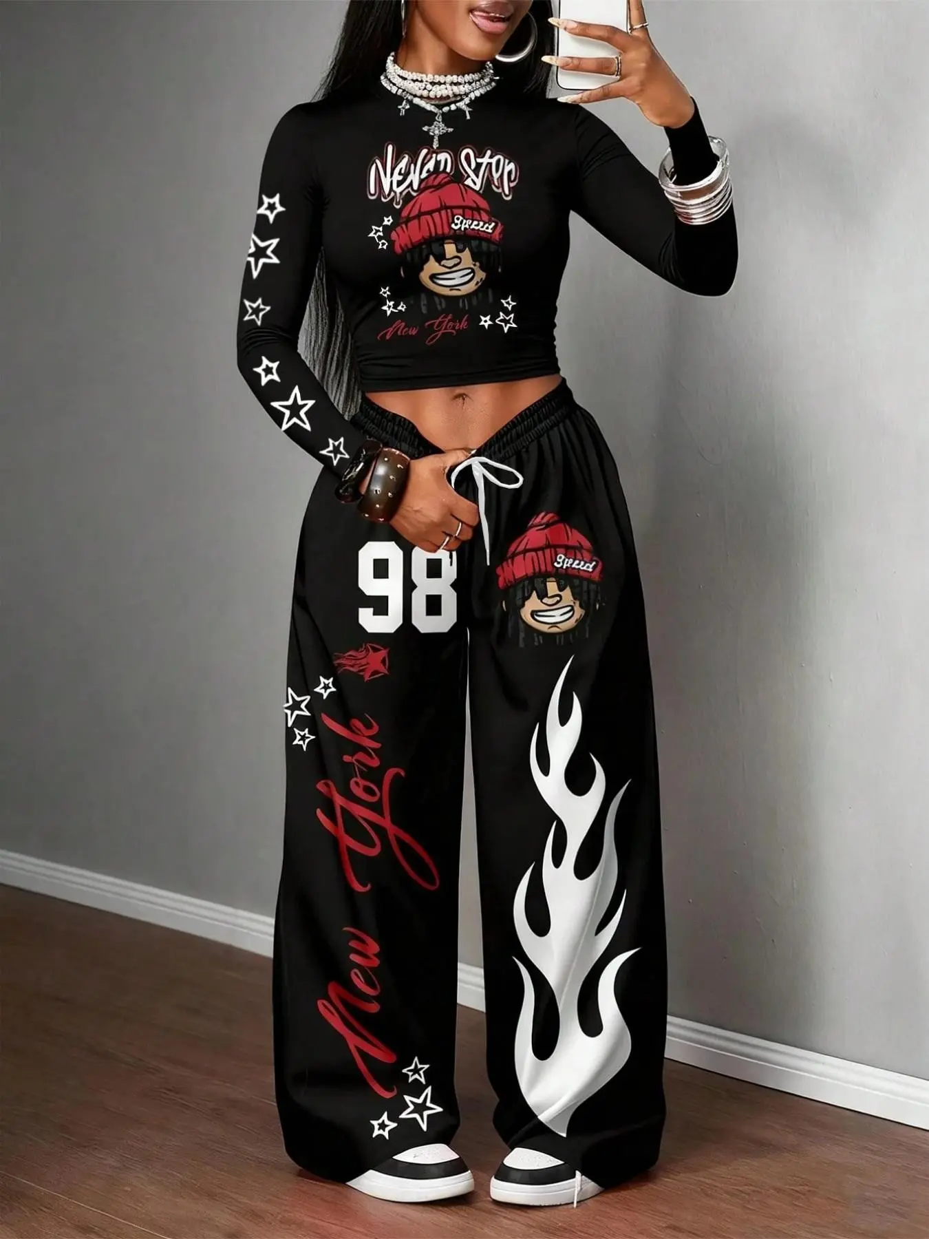 "New Star" Streetwear Two-Piece Set, Womenswear, Y2K Graphic Print Long Sleeve Crop Top & Wide Leg Pants with Flame & Number 98, Hip Hop Outfit for Women, Stretch Knit Casual Lounge Tracksuit, Matching Set for Club, Party, Daily Wear