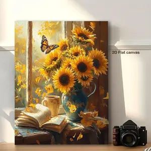[2D Flat] 1pc Framed Sunflower & Coffee Mug Canvas Wall Art with Butterfly - Rustic Farmhouse Bohemian Style Warm Yellow Sunflowers, Blue Mug & Book Accent - Wrapped Wood Frame Ready-to-Hang Painting for Living Room, Kitchen, Office - Housewarming