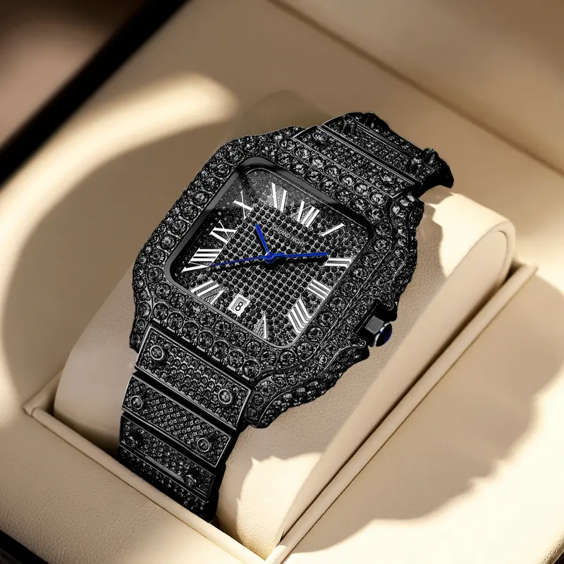Men's Luxury Classic Quartz Diamond Studded Watch - 42mm Dial with Gold-White Diamonds-Colored Roman Numerals, Japan Movement, Mineral Glass, 30M - 50M Waterproof, Gold-Tone Alloy Buckle Strap, Analog Business Casual Valentine Gift Wristwatch