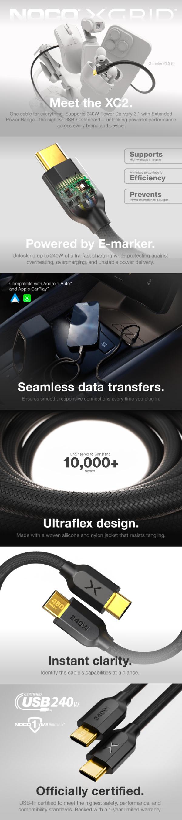 NOCO XGrid XC2: 240W USB-C to USB-C Cable – USB-IF Certified, E-Marker Chip, 480Mbps Data – 6 Foot