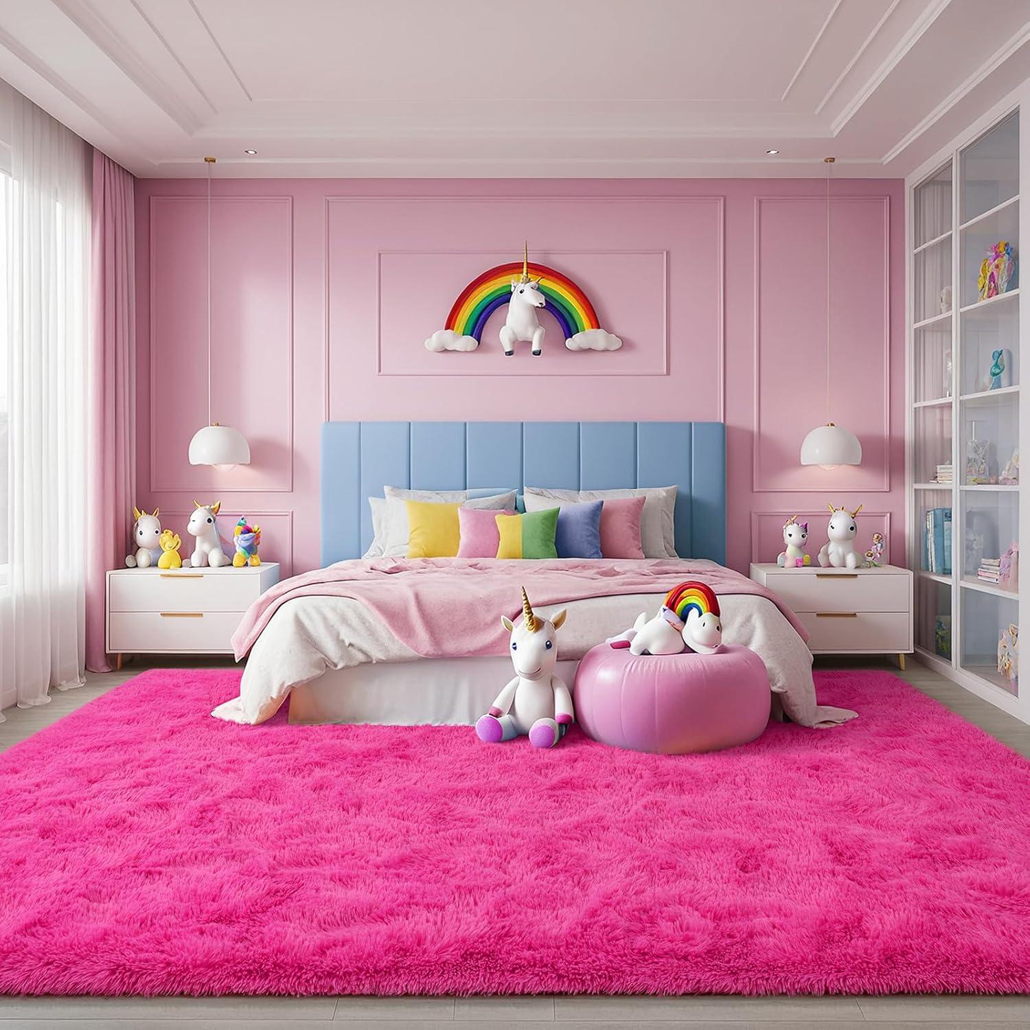 Hot Pink Soft Fluffy Area Rug For Living Room Bedroom, Plush Shag Rugs, Fuzzy Shaggy Accent Carpets For Kids Girls Rooms, Modern Apartment Nursery Dorm Indoor Furry Decor