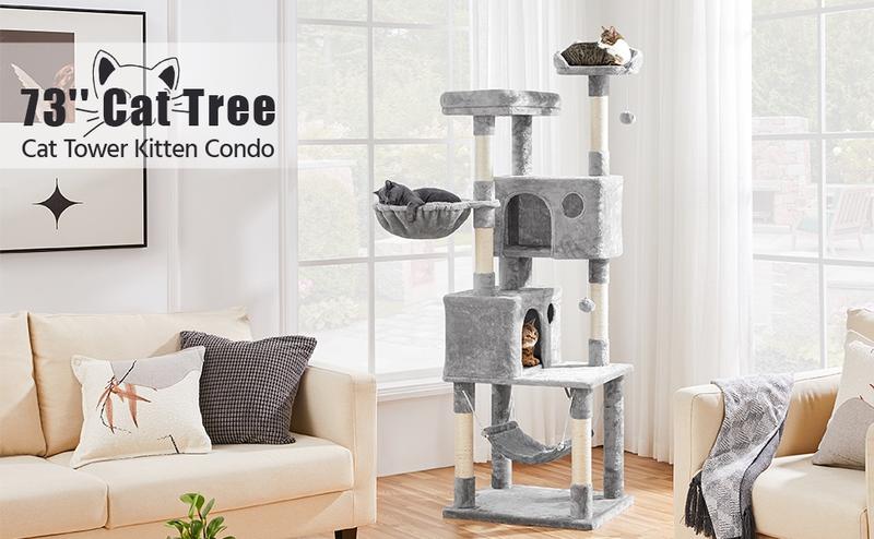 Yaheetech 64.5/73'' Cat Tree Large Cat Tower with Condos Platform Perch Hammock Scratching Posts Plush Cat House