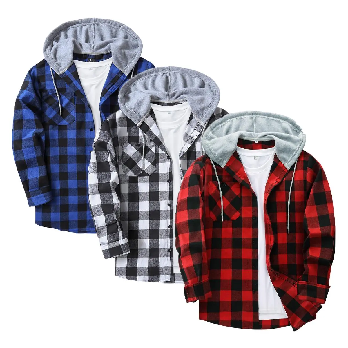 ZITY Men's 3-Pack Brown Checked Long Sleeve Hoodie Sweatshirts - Wetsuit-Soft Lightweight Fabric - California Style Casual Streetwear Tops - Button-Closure, Beige Crewneck Fleece, True to Size Value Set, Gifts for Him, Back to School Outfits
