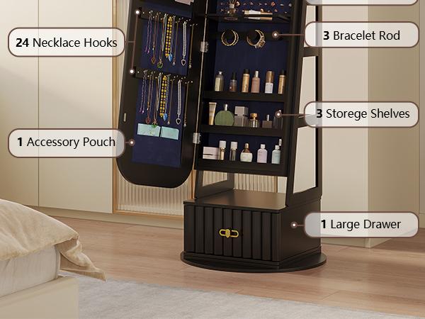 Miuvanity Round-Corner Design Full-Length Mirror with 360° Swivel & LED-Lit Features, Bottom Drawer Storage, Lockable Design living room decor