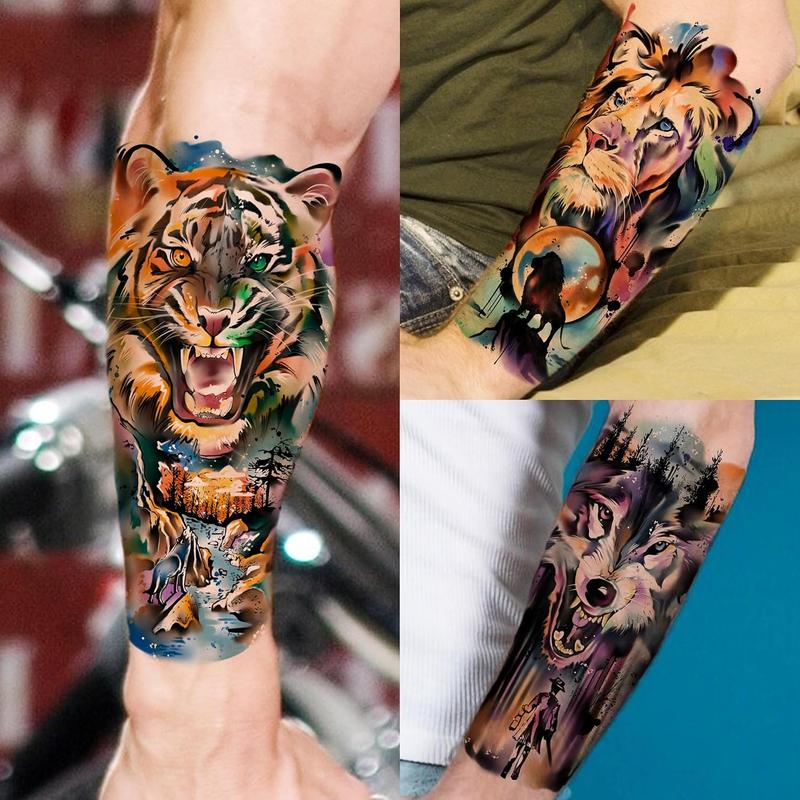 65/66 Sheets Watercolor Temporary Tattoos For Men Women Forearm Shoulder Legs Body Arm, 12 Sheets Long Lasting Lion Tiger Wolf Dragon Ealge Fake Tattoo Sleeve Adults, 53/54 Sheets Small Tatoos Kids