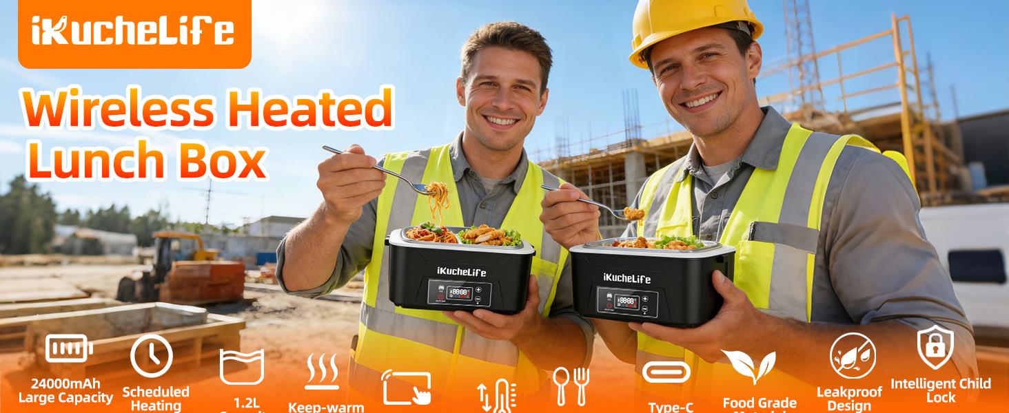 Heated Lunch Box with 24000mAh Battery,Cordless Electric Food Warmer with Scheduled Heating & Digital Display,Portable Rechargeable Lunch Heater for Work, Office, Travel, Camping,Suitable for Adults and Children