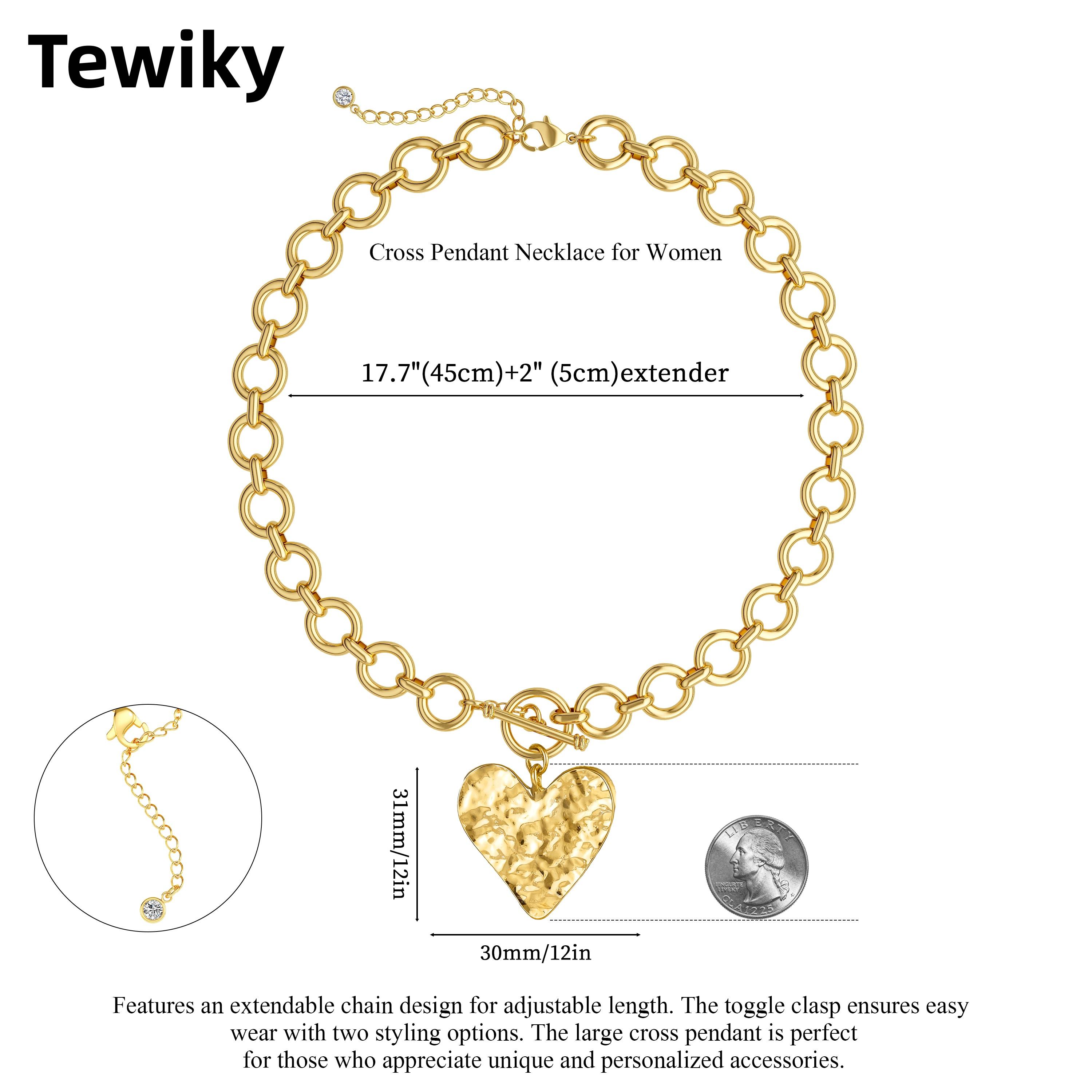 Tewiky Gold Paperclip O-Link Chain Hammered Heart Pendant OT Clasp Necklace for Women For Valentine's Day Gift