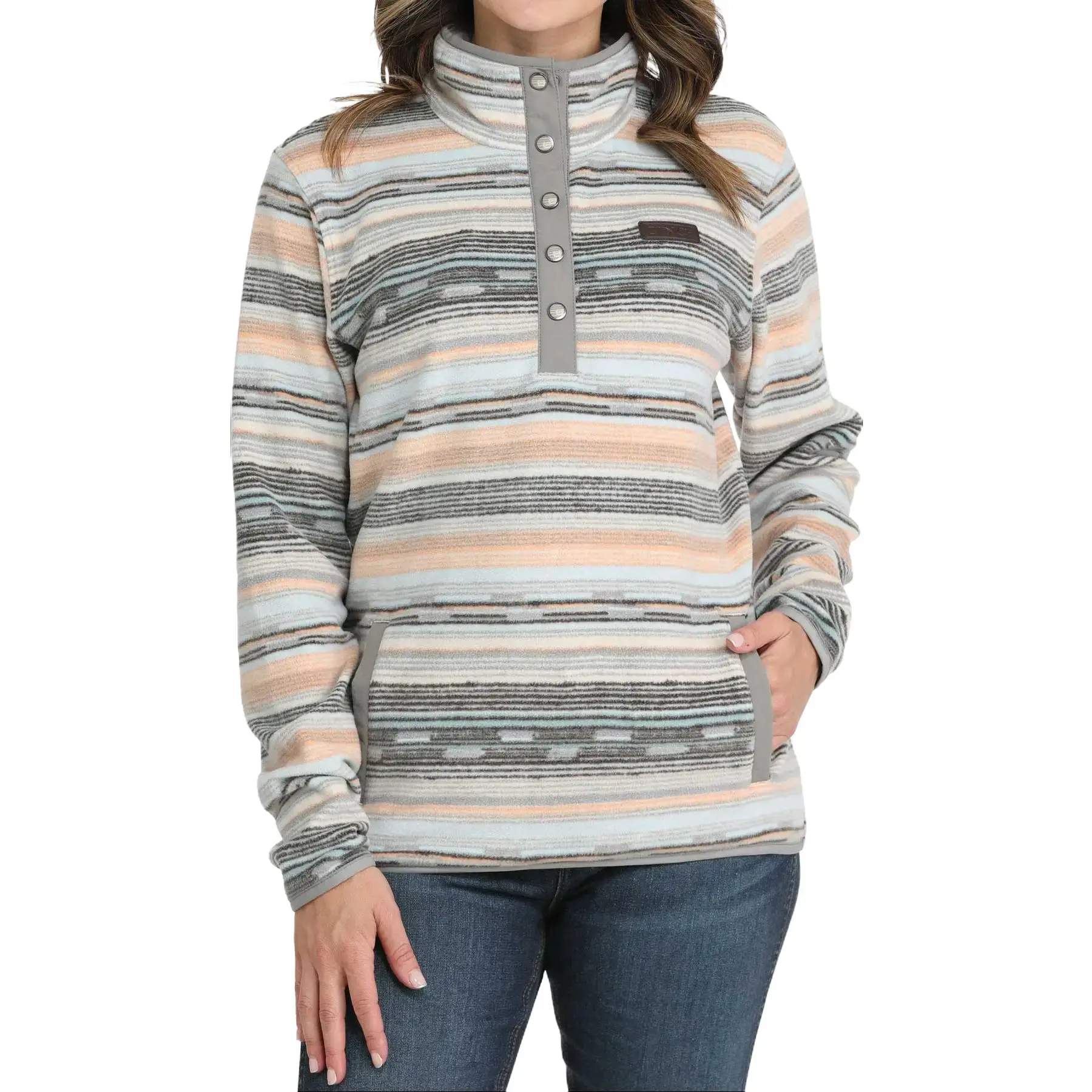 CINCH Women's Western Style Striped Pullover - Comfortable Everyday Tops in Peach & Powder Blue, Lightweight, Breathable, Fit, Polar Fleece, Relaxed Cut, Hoodie, Sweatshirts, Snap, Relaxed Fit, Western Stripe, Casual, Multi Stripe